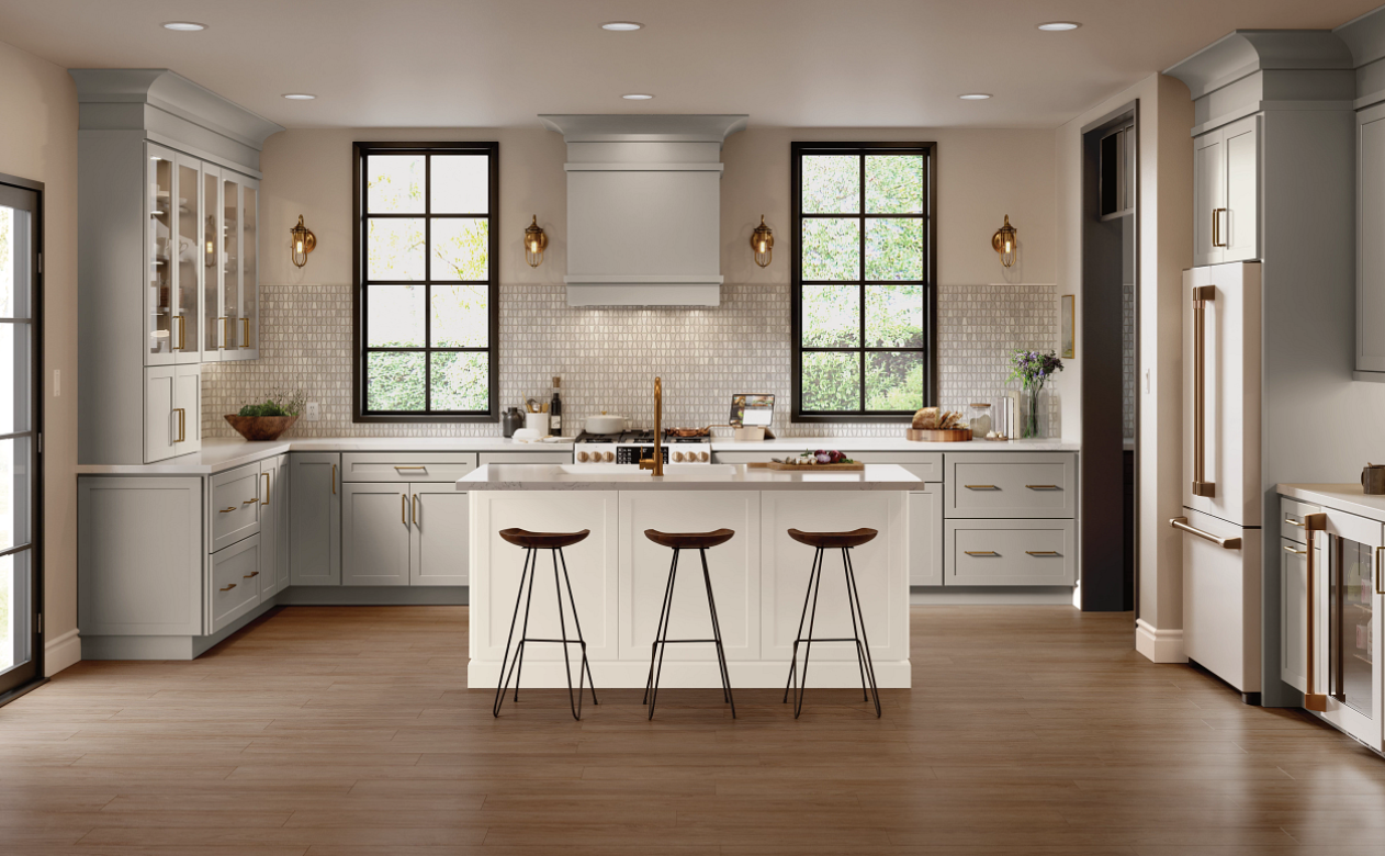 Kitchen with white countertops and glass cabinetry