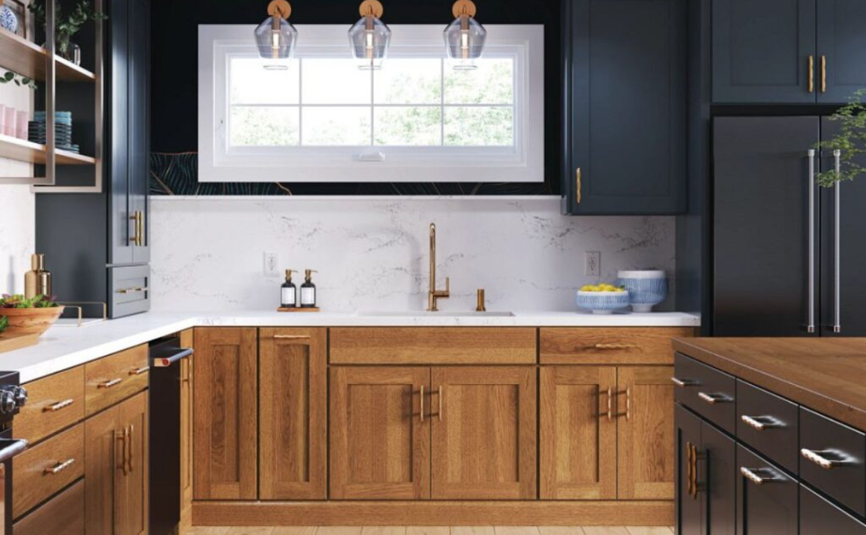 Brown custom cabinets in a kitchen and bar area