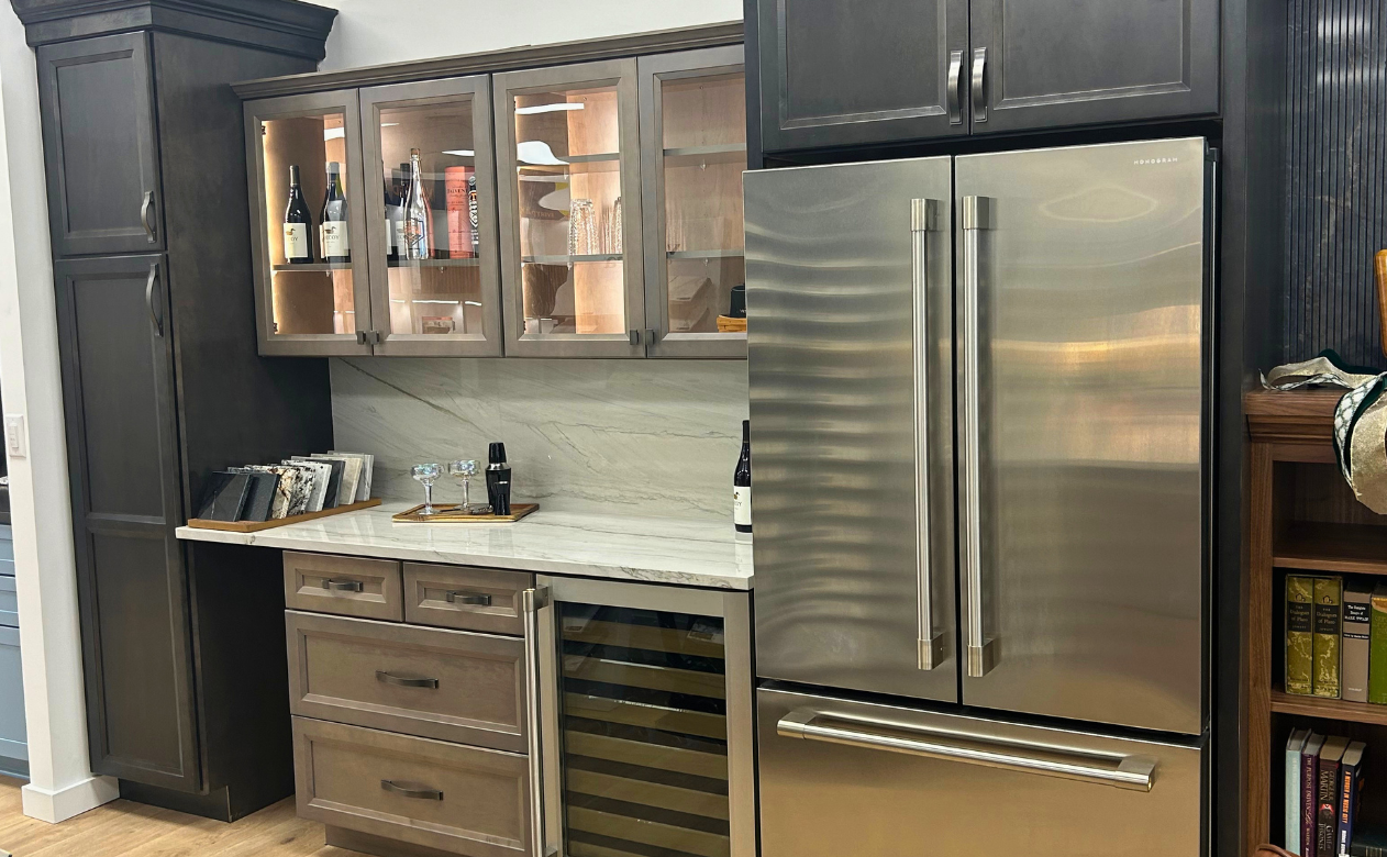 Brown custom cabinets in a kitchen and bar area
