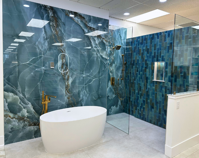 Blue wall tile on a shower wall and bathtub surround