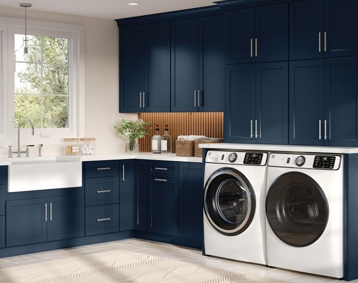 Blue cabinetry in a laundry room
