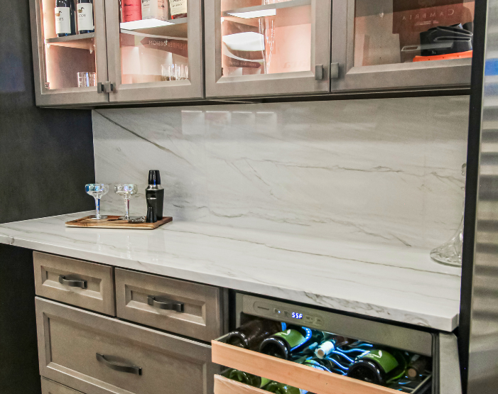 marble countertops in a bar area at Kiba Studios in Nashville