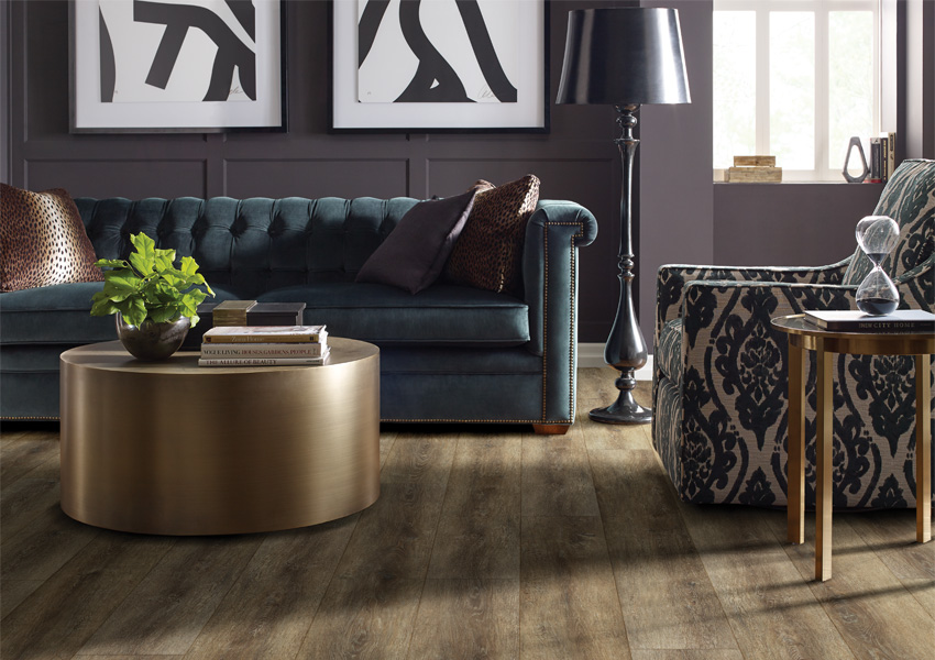 wood look flooring in living room with vintage inspired decor.